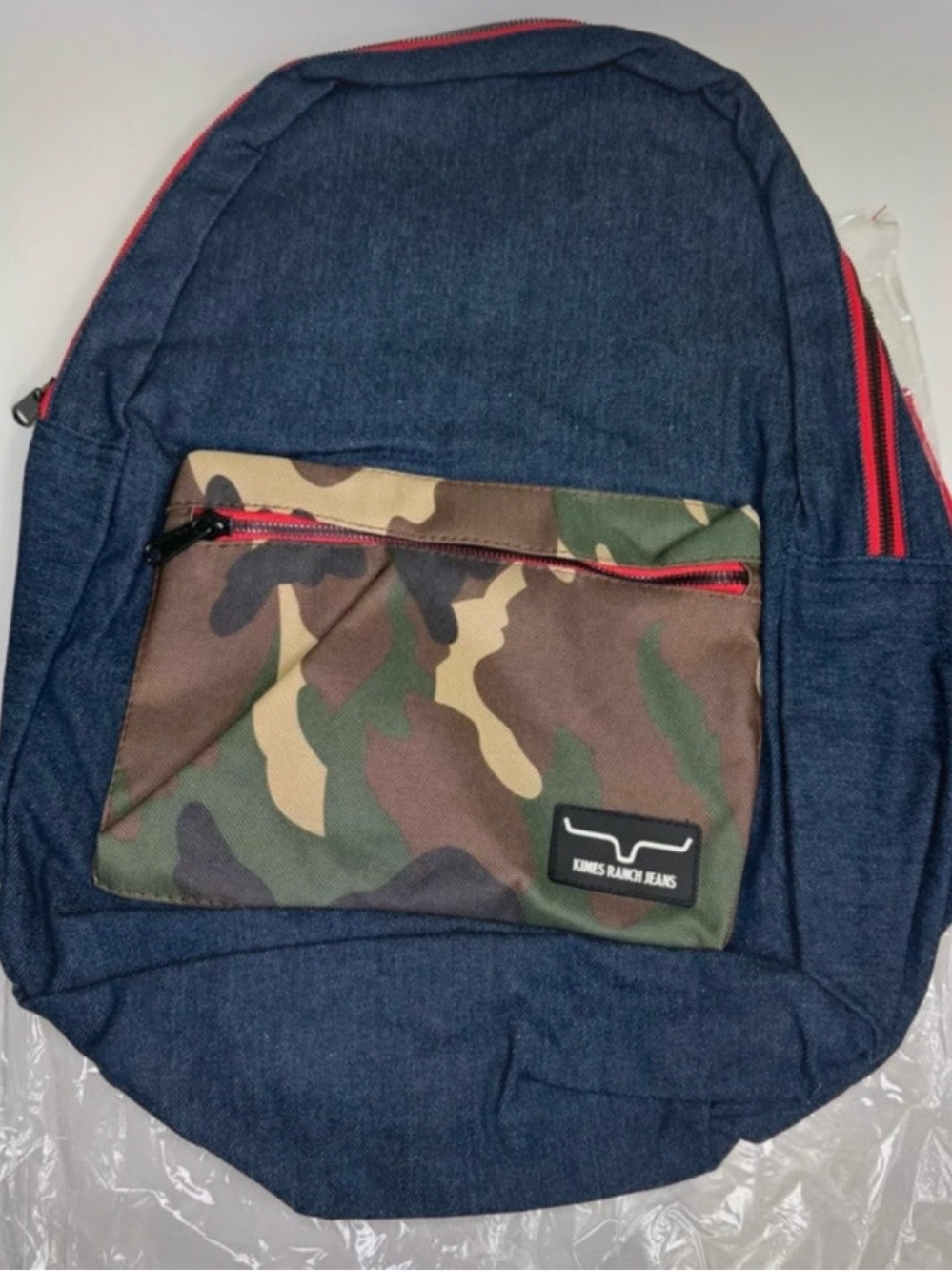 Kimes Ranch Jeans Backpack Denim Look Camo Pocket Red Trim Youth School Bag